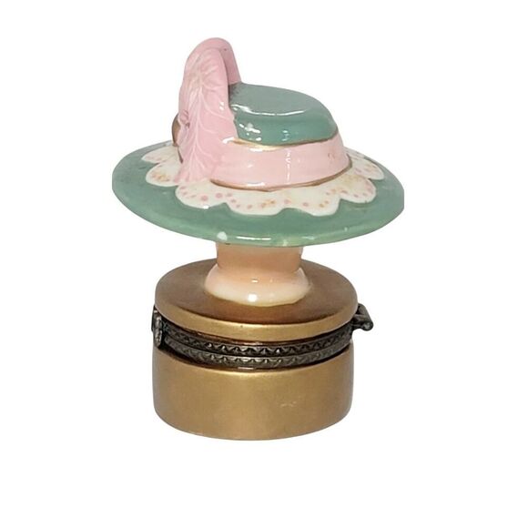 Vintage Green with Pink Bow Victorian Hat Hinged Trinket Box includes Trinket - Picture 3 of 10